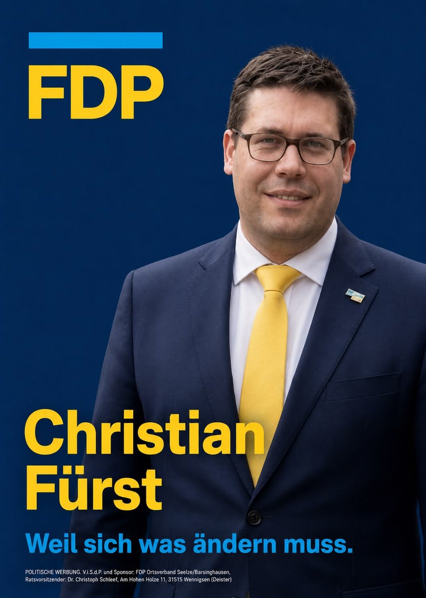 Wahlplakat der FDP zur Kommunalwahl 2026: Christian F&uuml;rst mit dem Claim &bdquo;Weil sich was &auml;ndern muss.&ldquo;