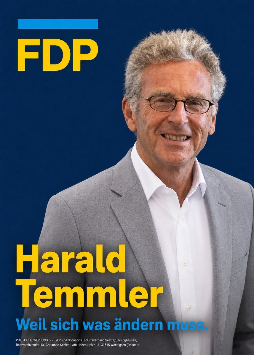 Wahlplakat der FDP zur Kommunalwahl 2026: Harald Temmler mit dem Claim &bdquo;Weil sich was &auml;ndern muss.&ldquo;